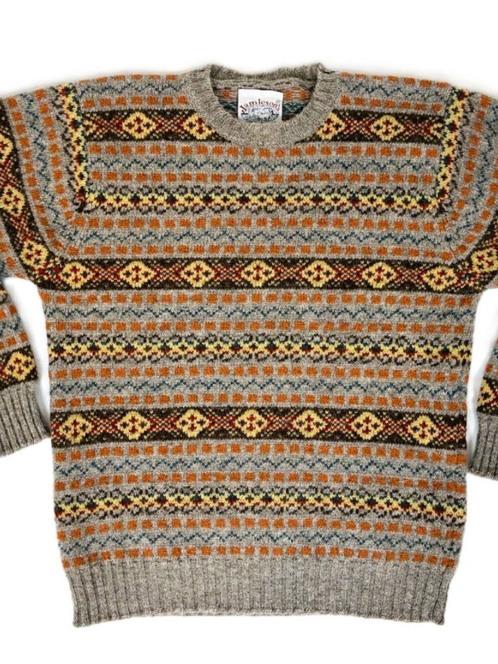 Jamieson's Shetland Wool Fair Isle Sweater Gray Multicolor Crewneck Scotland M